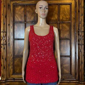 2b BeBe Red Sequin Floral Lace Semi Sheer Back Scoop Neck Tank